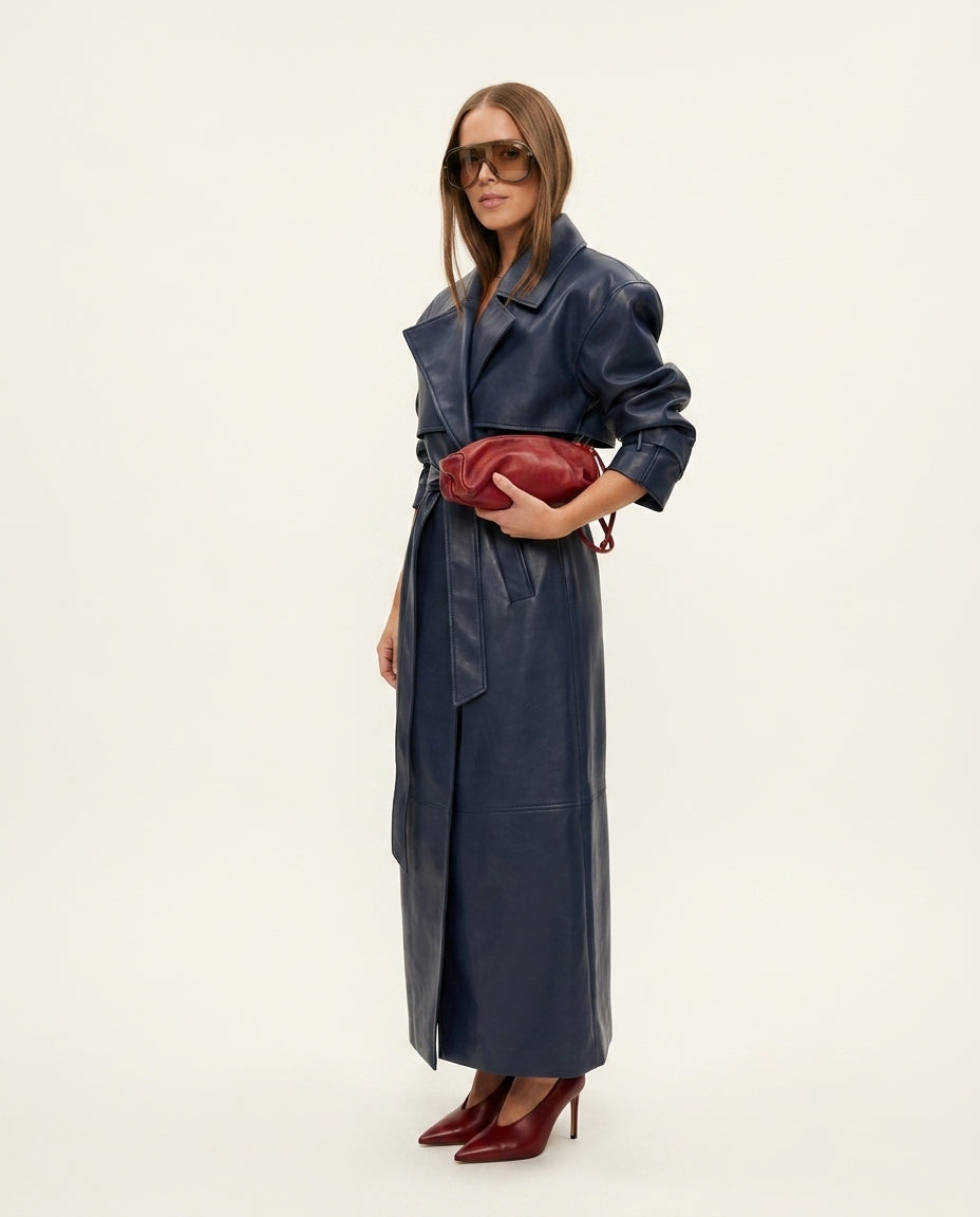Blue Solace Trench Coat Blue Trench Coat with Relaxed Fit silhouette and Structured texture, side or back garment view for Business Casual, a polished coastal brunch, US East / Hamptons Elite by Mesadic