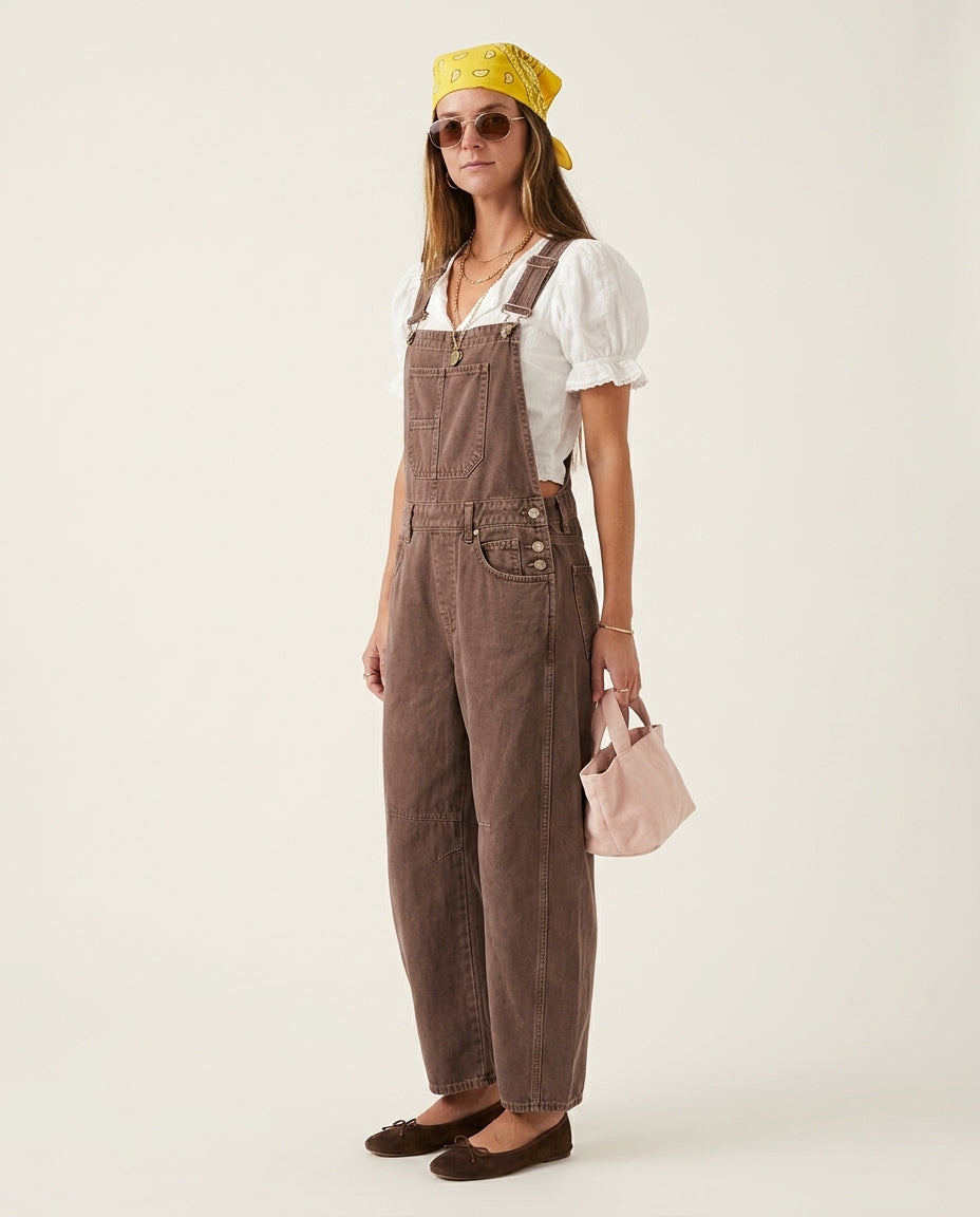 Brown Aura Denim Jumpsuit Brown Jumpsuit with Wide-Leg silhouette and Textured texture, side or back garment view for Business Casual, Sunset in Malibu, US Coastal Glam by Mesadic