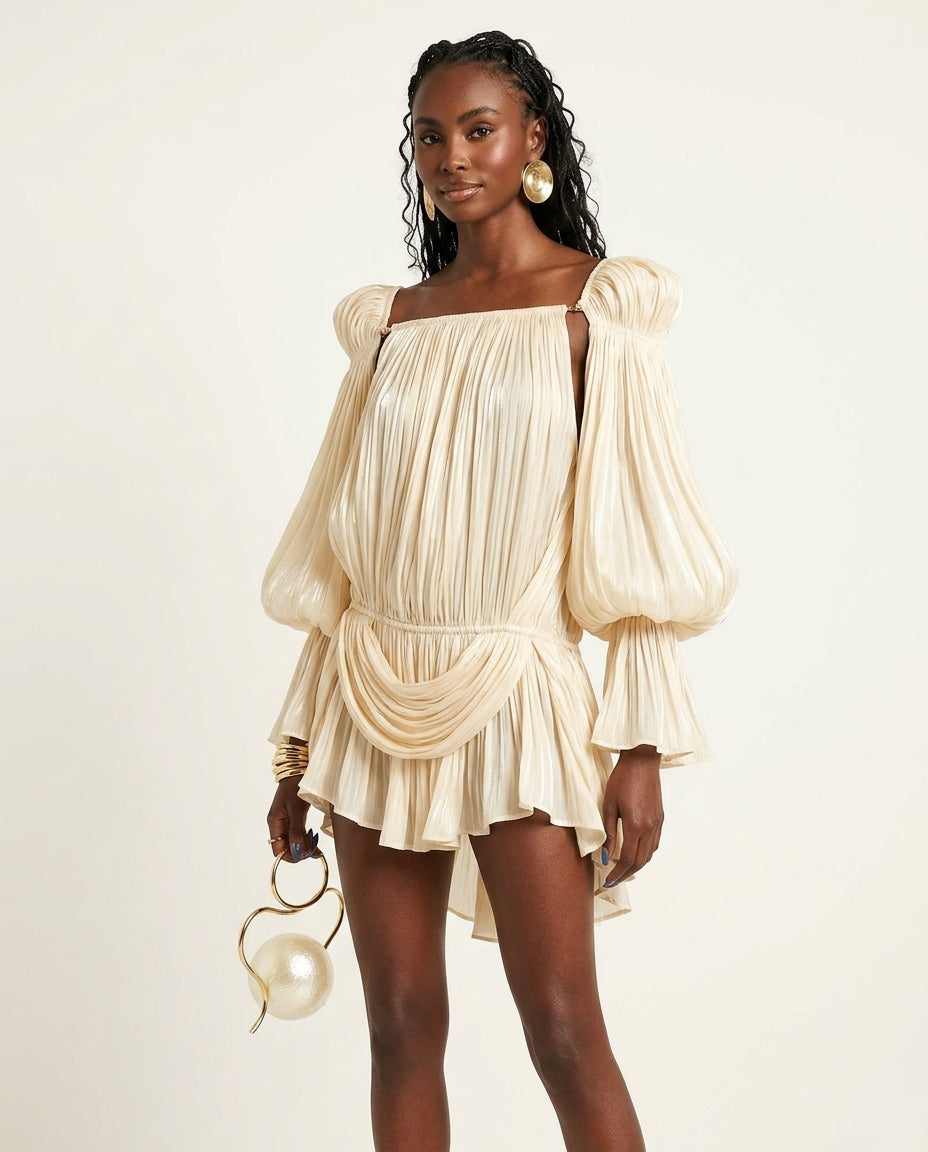 Ivory Whisper Summer Pleated Maxi Dress Ivory Maxi Dress with Relaxed Fit silhouette and Textured texture, side or back garment view for Vacation Evening, a gallery opening in Paris, Euro Chic Premium by Mesadic