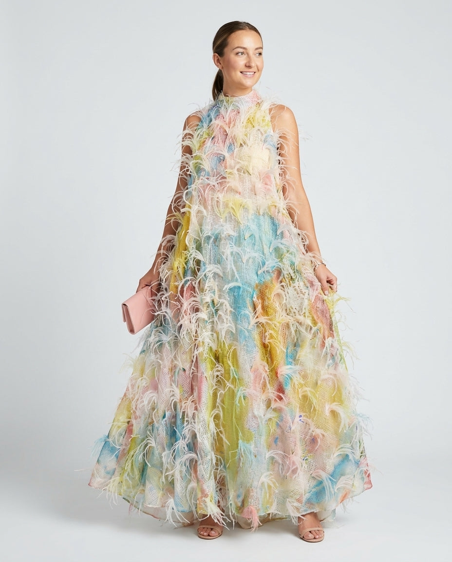Multicolor Muse Abstract Print Maxi Dress Multicolor Maxi Dress with Asymmetric silhouette and Textured texture, side or back garment view for Vacation Evening, Sunset in Malibu, US Coastal Glam by Mesadic