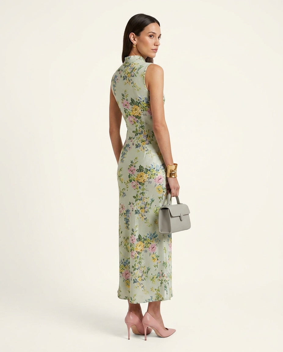 Light Green Grace Evening Floral Maxi Dress Light Green Maxi Dress with Relaxed Fit silhouette and Textured texture, side or back garment view for Date Night, a rooftop dinner in LA, US Coastal Glam by Mesadic