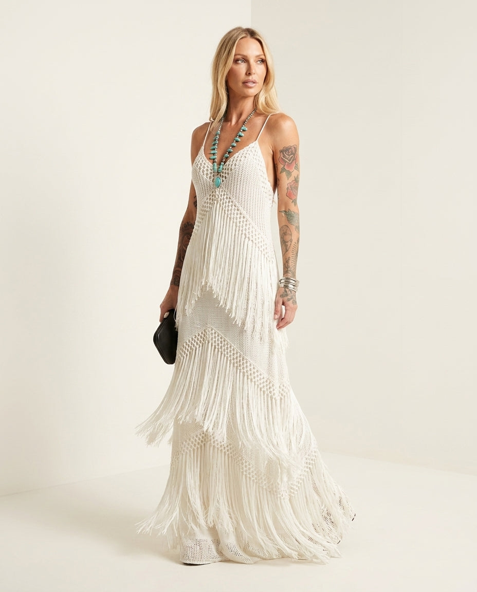 Ivory Reverie Resort Crochet Maxi Dress Ivory Maxi Dress with Asymmetric silhouette and Ribbed Knit texture, side or back garment view for Resort Wear, Sunset in Malibu, US Coastal Glam by Mesadic