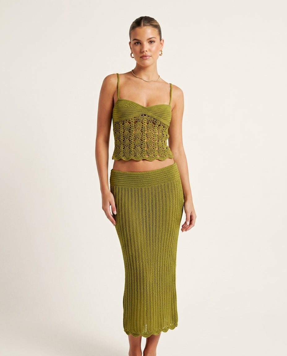 Olive Green Allure Resort Crochet Romper Olive Green Romper with Cropped silhouette and Ribbed Knit texture, side or back garment view for Resort Wear, Brunch in SoHo, US Coastal Glam by Mesadic