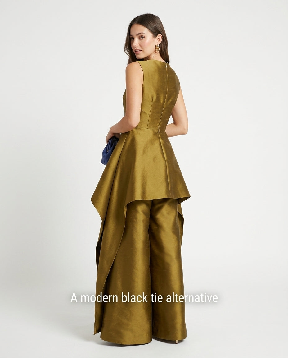 Olive Green Velvet Evening Pant Set Olive Green Pant Set with Wide-Leg silhouette and Textured texture, side or back garment view for Date Night, a polished coastal brunch, US East / Hamptons Elite by Mesadic