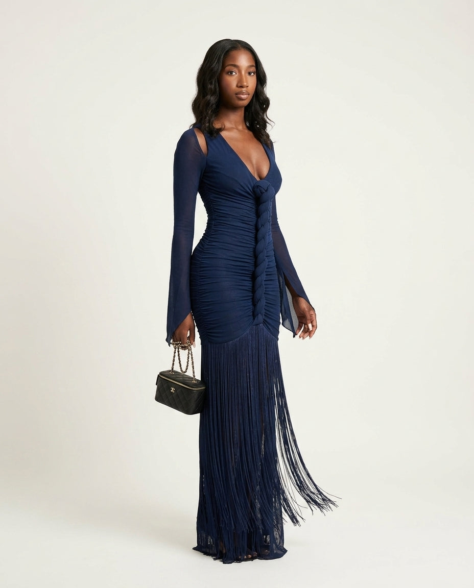 Navy Bloom Evening Ruched Maxi Dress Navy Maxi Dress with Relaxed Fit silhouette and Textured texture, side or back garment view for Date Night, a rooftop dinner in LA, US Coastal Glam by Mesadic