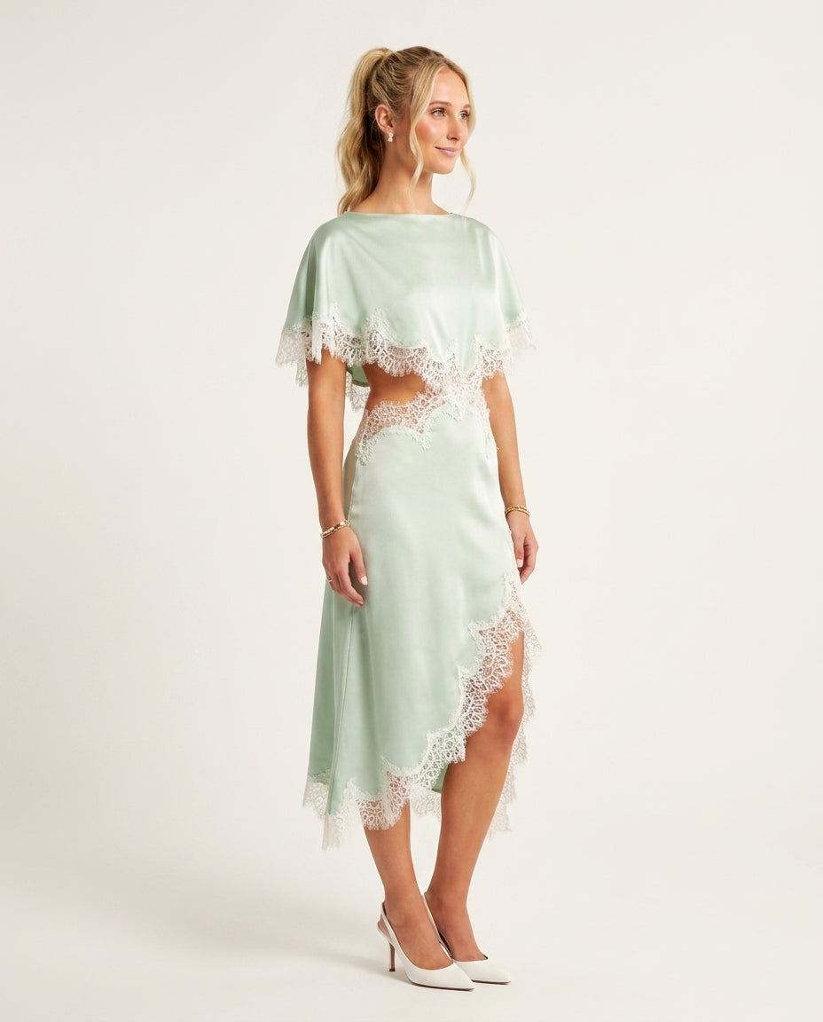 Light Green Reverie Summer Lace Two-Piece Set Light Green Two-Piece Set with Relaxed Fit silhouette and Satin texture, side or back garment view for Weekend Escape, Sunset in Malibu, US Coastal Glam by Mesadic