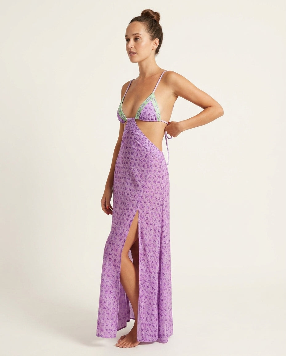 Lilac Gleam Resort Floral Maxi Dress Lilac Maxi Dress with Asymmetric silhouette and Textured texture, side or back garment view for Resort Wear, Brunch in SoHo, US Coastal Glam by Mesadic