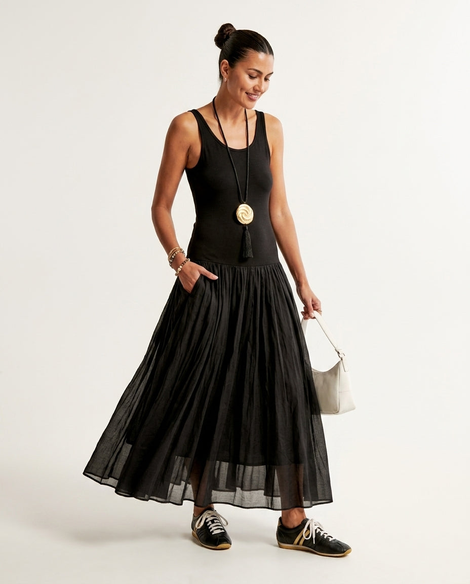 Black Charm Summer Textured Maxi Dress Black Maxi Dress with Relaxed Fit silhouette and Ribbed Knit texture, side or back garment view for Garden Party, an estate dinner at golden hour, US East / Hamptons Elite by Mesadic