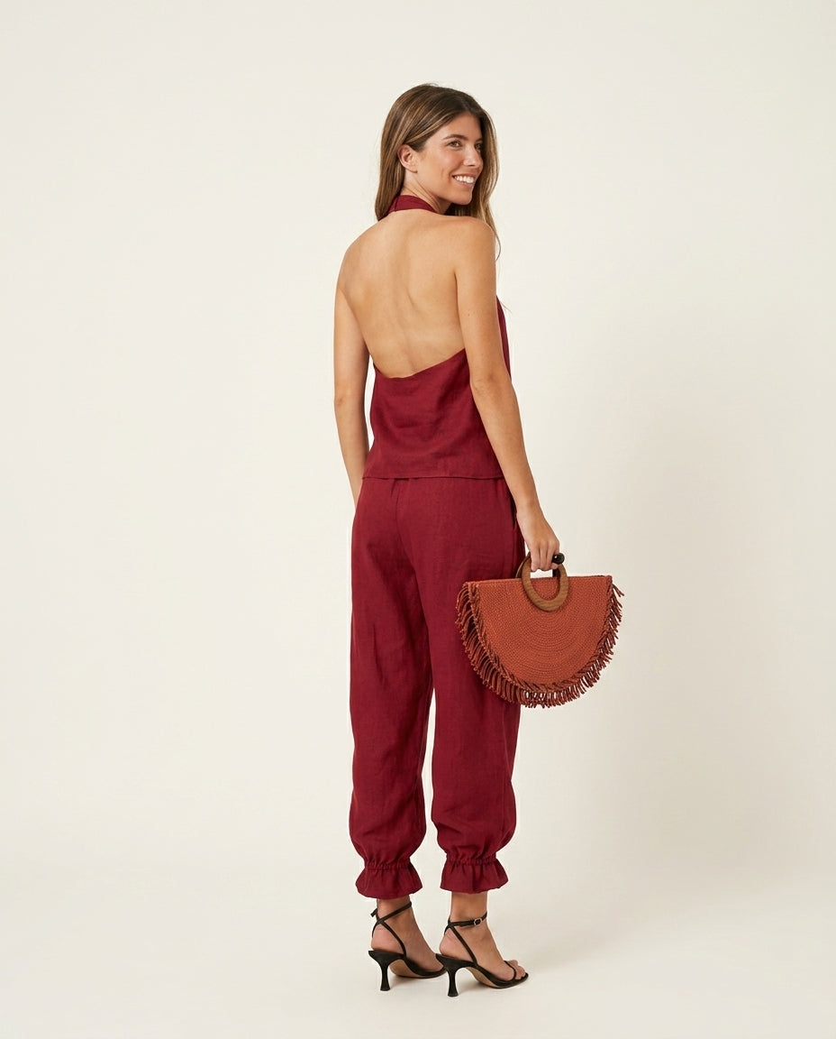 Rust Grace Resort Ruffled Pant Set Rust Pant Set with Asymmetric silhouette and Linen Blend texture, side or back garment view for Resort Wear, a Palm Springs weekend, US Coastal Glam by Mesadic