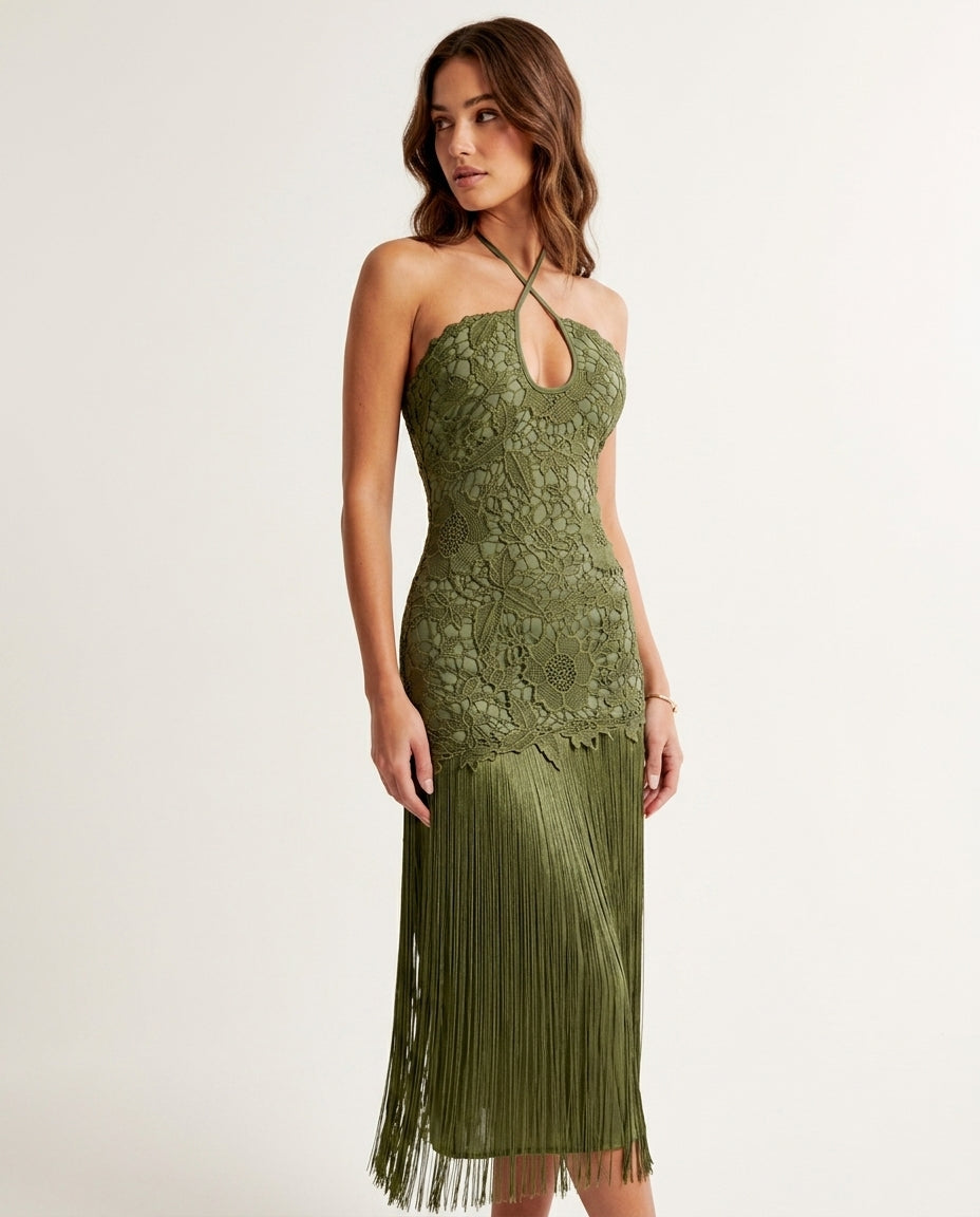 Olive Green Grace Evening Lace Romper Olive Green Romper with Relaxed Fit silhouette and Textured texture, side or back garment view for Resort Wear, a London dinner reservation, Euro Chic Premium by ads.floravincie