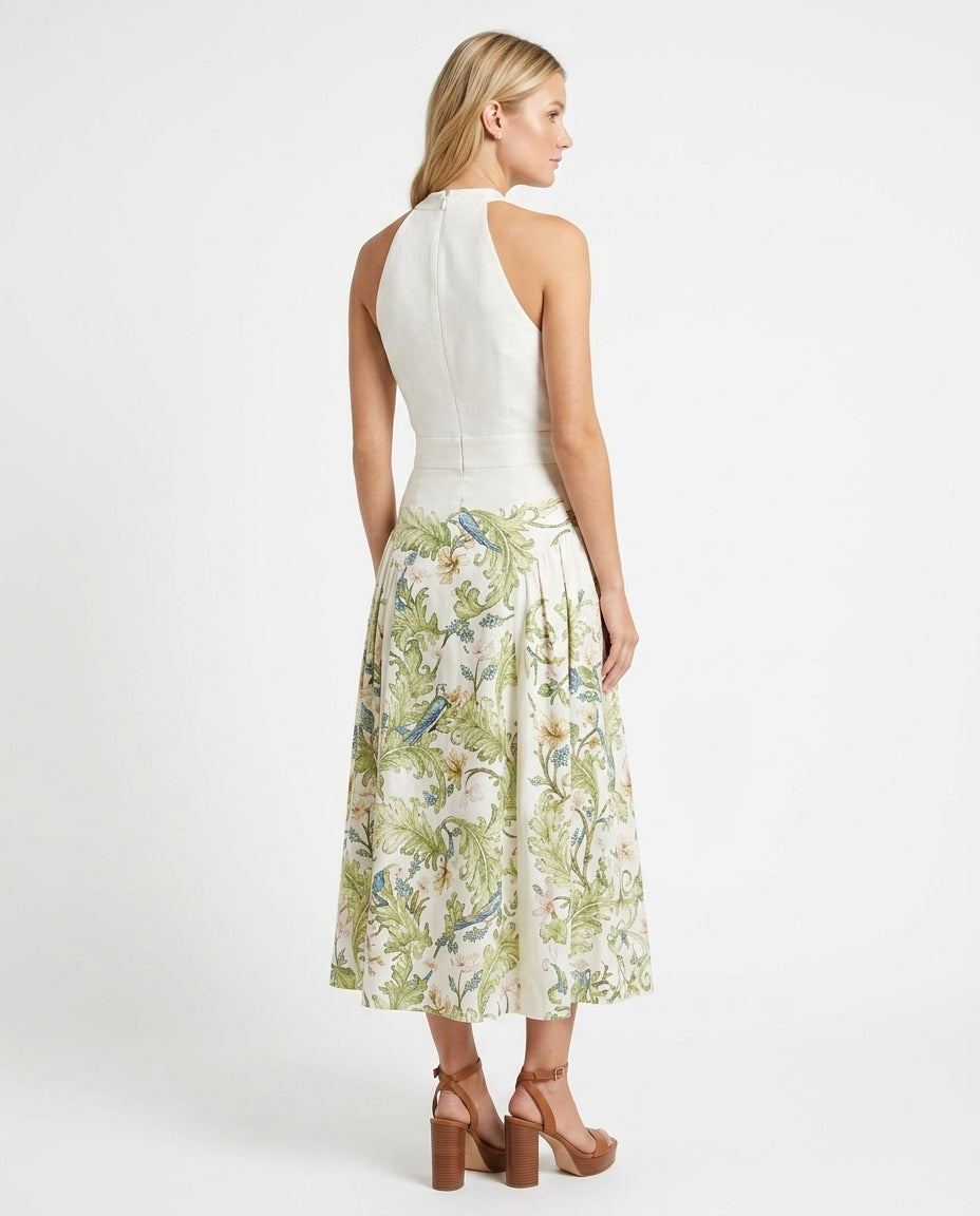 Ivory Lustre Evening Printed Maxi Dress Ivory Maxi Dress with Asymmetric silhouette and Linen Blend texture, side or back garment view for Resort Wear, Evening in Amalfi, Euro Chic Premium by ads.floravincie
