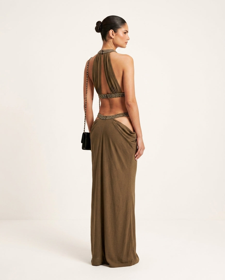 Olive Muse Evening Halter Maxi Dress Olive Maxi Dress with Relaxed Fit silhouette and Ribbed Knit texture, side or back garment view for Resort Wear, Brunch in SoHo, US Coastal Glam by Mesadic