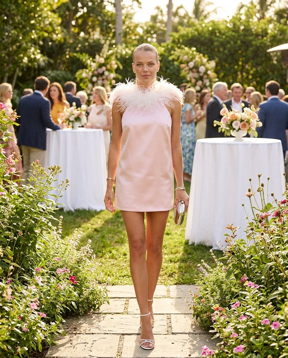 Pink Velvet Wedding Guest Satin Mini Dress Pink Mini Dress with Asymmetric silhouette and Satin texture, lifestyle scene image for Wedding Guest, a private garden lunch, Summer current summer selling: vacation, resort dinner, wedding guest, festival weeke by mesadic