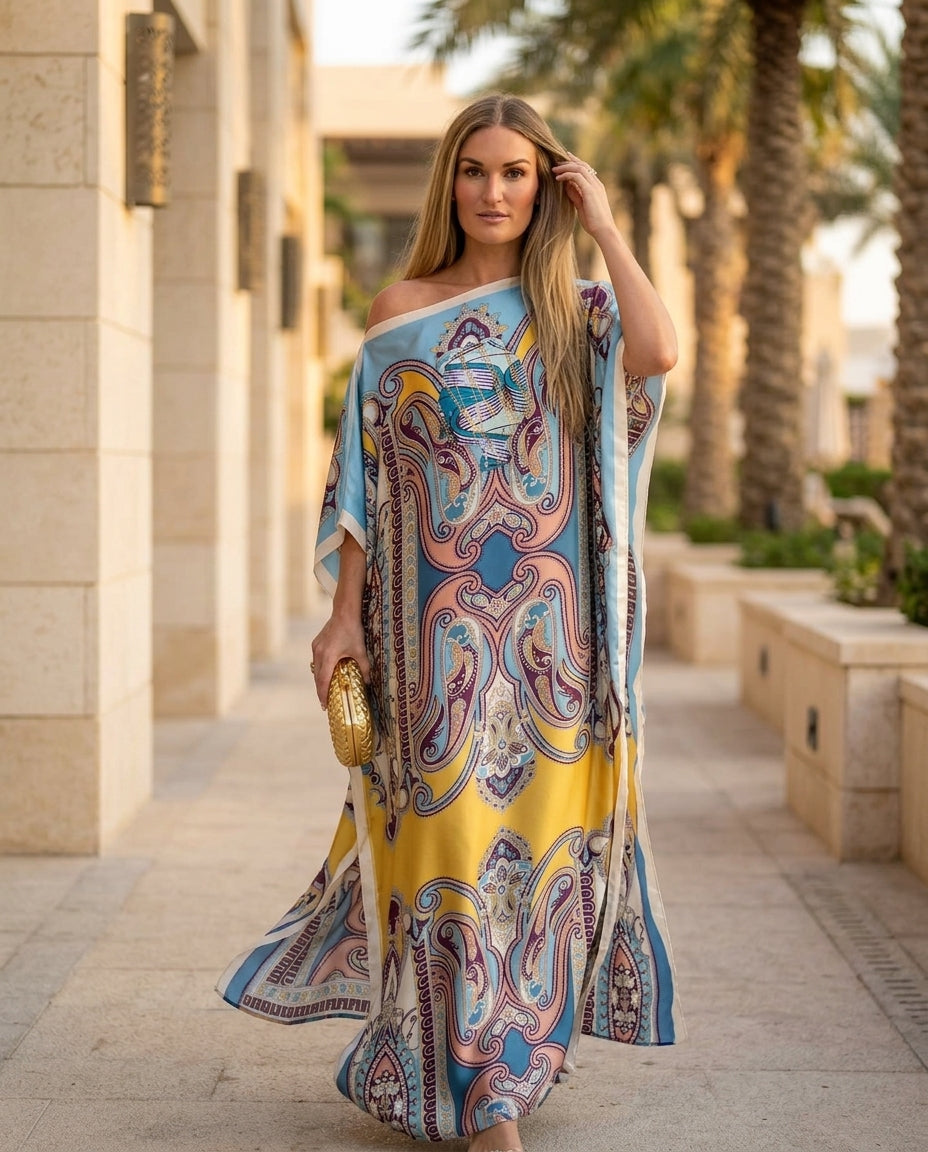 Light Blue Whisper Resort Printed Romper Light Blue Romper with Relaxed Fit silhouette and Satin texture, lifestyle scene image for Resort Wear, Sunset in Malibu, US Coastal Glam by Mesadic