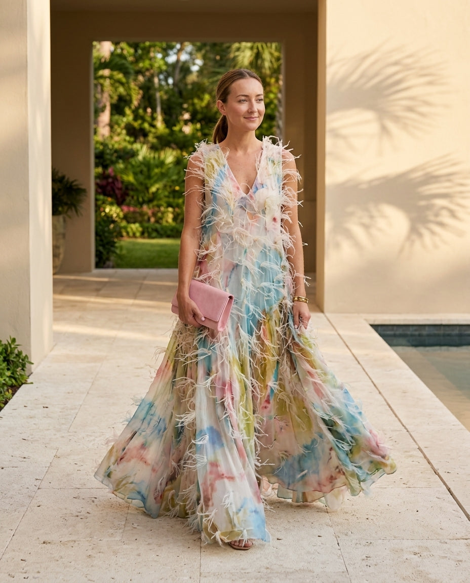 Multicolor Muse Abstract Print Maxi Dress Multicolor Maxi Dress with Asymmetric silhouette and Textured texture, lifestyle scene image for Vacation Evening, Sunset in Malibu, US Coastal Glam by Mesadic