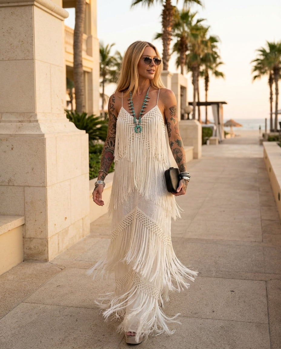 Ivory Reverie Resort Crochet Maxi Dress Ivory Maxi Dress with Asymmetric silhouette and Ribbed Knit texture, lifestyle scene image for Resort Wear, Sunset in Malibu, US Coastal Glam by Mesadic