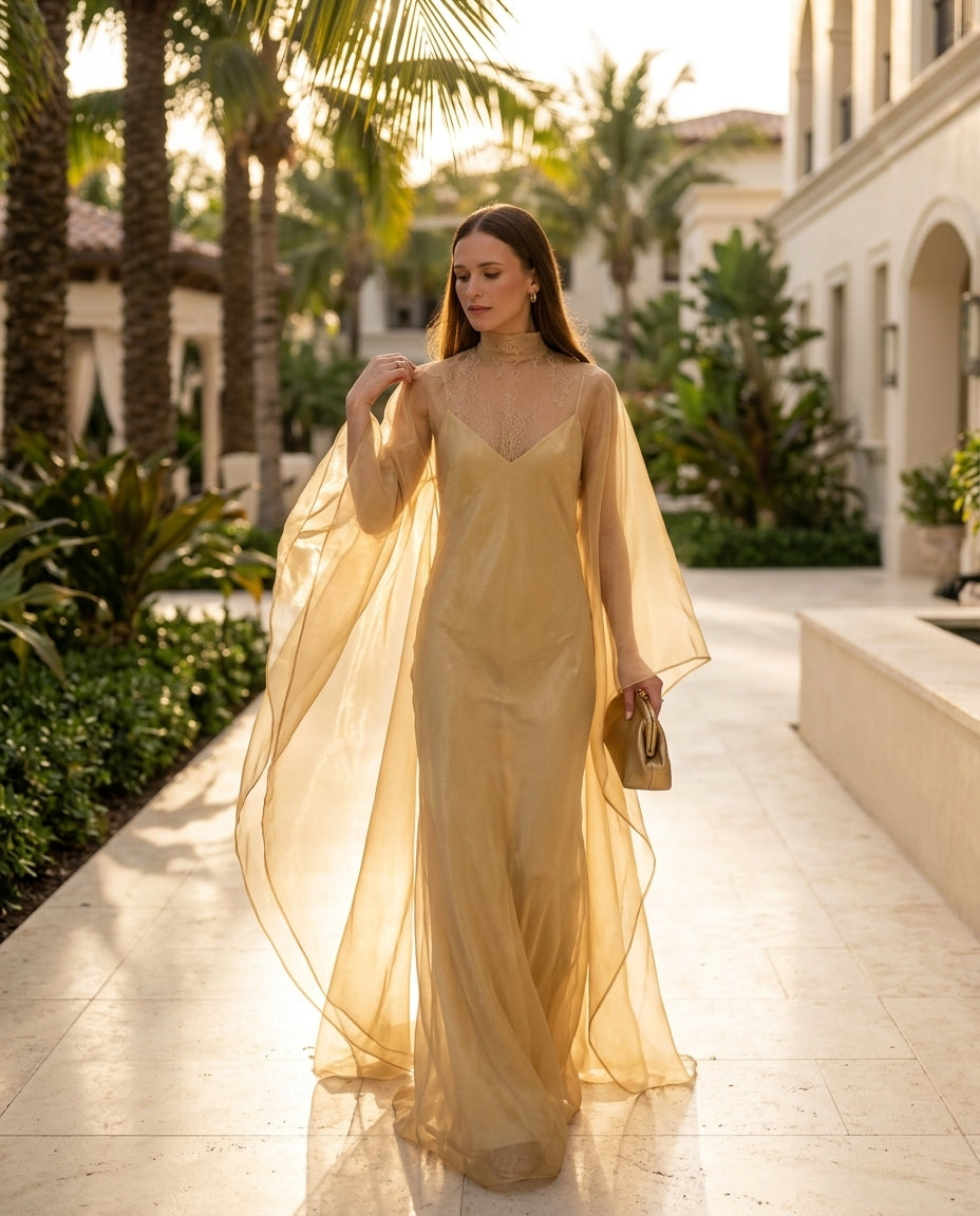 Gold Charm Evening Lace Maxi Dress Gold Maxi Dress with Asymmetric silhouette and Textured texture, lifestyle scene image for Date Night, a gallery opening in Paris, Euro Chic Premium by Mesadic