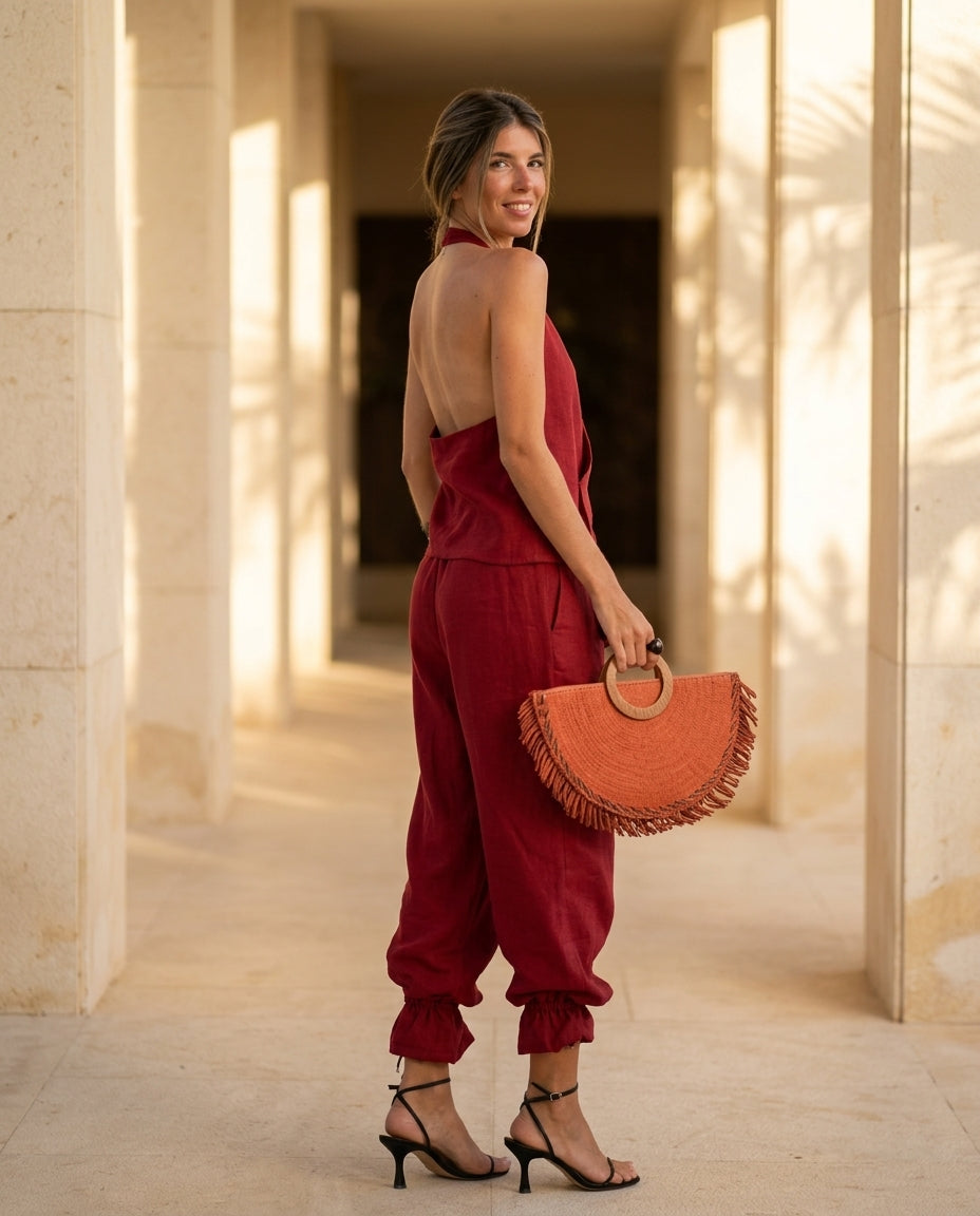 Rust Grace Resort Ruffled Pant Set Rust Pant Set with Asymmetric silhouette and Linen Blend texture, lifestyle scene image for Resort Wear, a Palm Springs weekend, US Coastal Glam by Mesadic