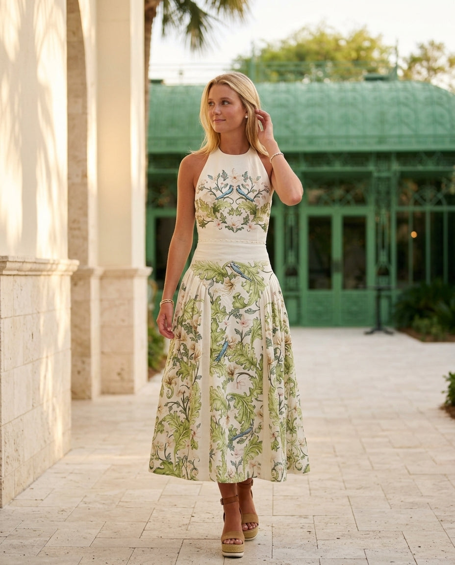 Ivory Lustre Evening Printed Maxi Dress Ivory Maxi Dress with Asymmetric silhouette and Linen Blend texture, lifestyle scene image for Resort Wear, Evening in Amalfi, Euro Chic Premium by ads.floravincie