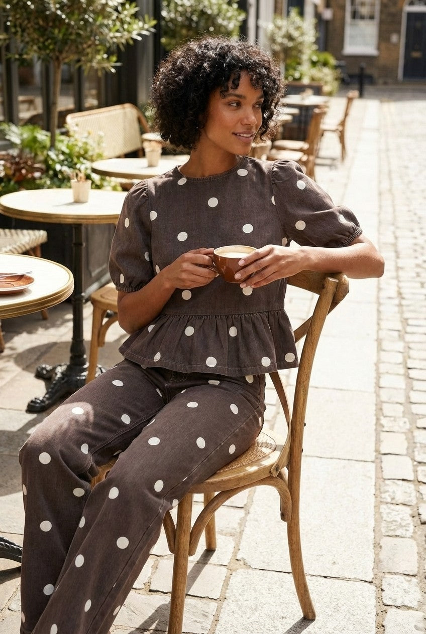 Women's Polka Dot Peplum Blouse and Wide Leg Pants Set