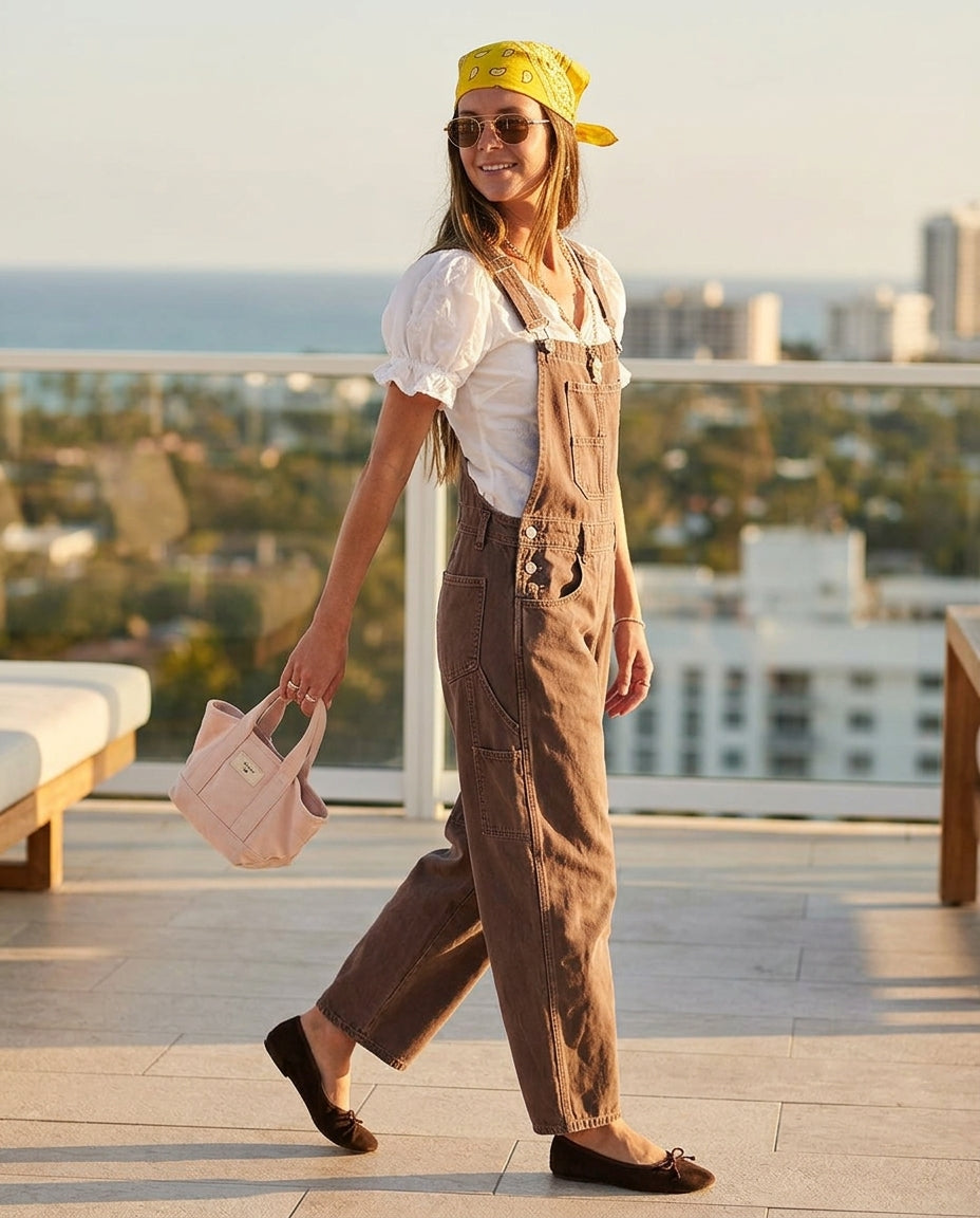 Brown Aura Denim Jumpsuit Brown Jumpsuit with Wide-Leg silhouette and Textured texture, outdoor styling image for Business Casual, Sunset in Malibu, US Coastal Glam by Mesadic
