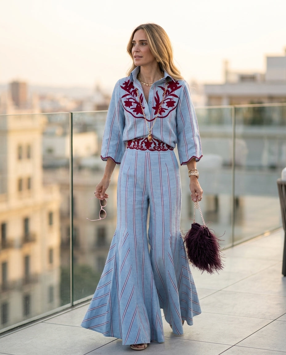Light Blue Reverie Resort Embroidered Pant Set Light Blue Pant Set with Wide-Leg silhouette and Linen Blend texture, outdoor styling image for Resort Wear, Evening in Amalfi, Euro Chic Premium by Mesadic
