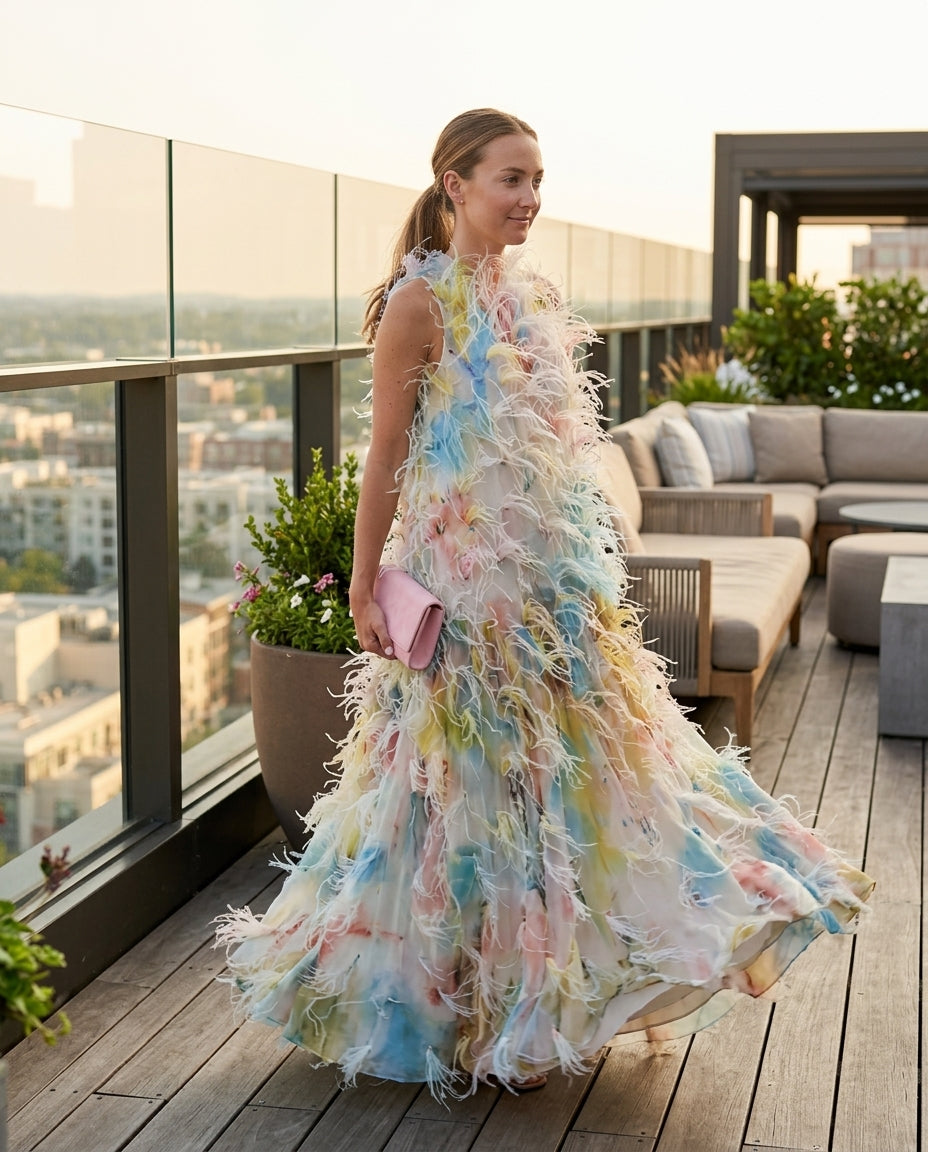 Multicolor Muse Abstract Print Maxi Dress Multicolor Maxi Dress with Asymmetric silhouette and Textured texture, outdoor styling image for Vacation Evening, Sunset in Malibu, US Coastal Glam by Mesadic