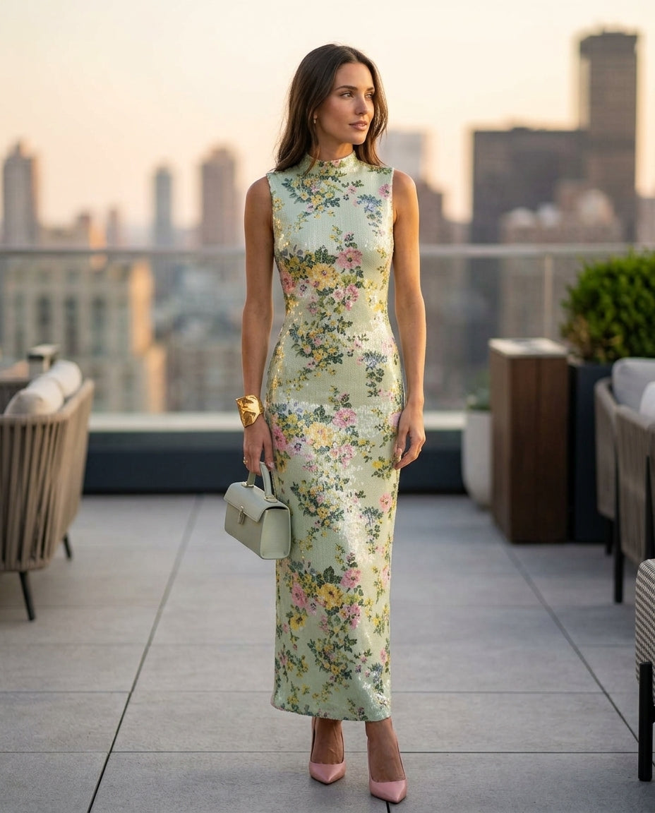 Light Green Grace Evening Floral Maxi Dress Light Green Maxi Dress with Relaxed Fit silhouette and Textured texture, outdoor styling image for Date Night, a rooftop dinner in LA, US Coastal Glam by Mesadic
