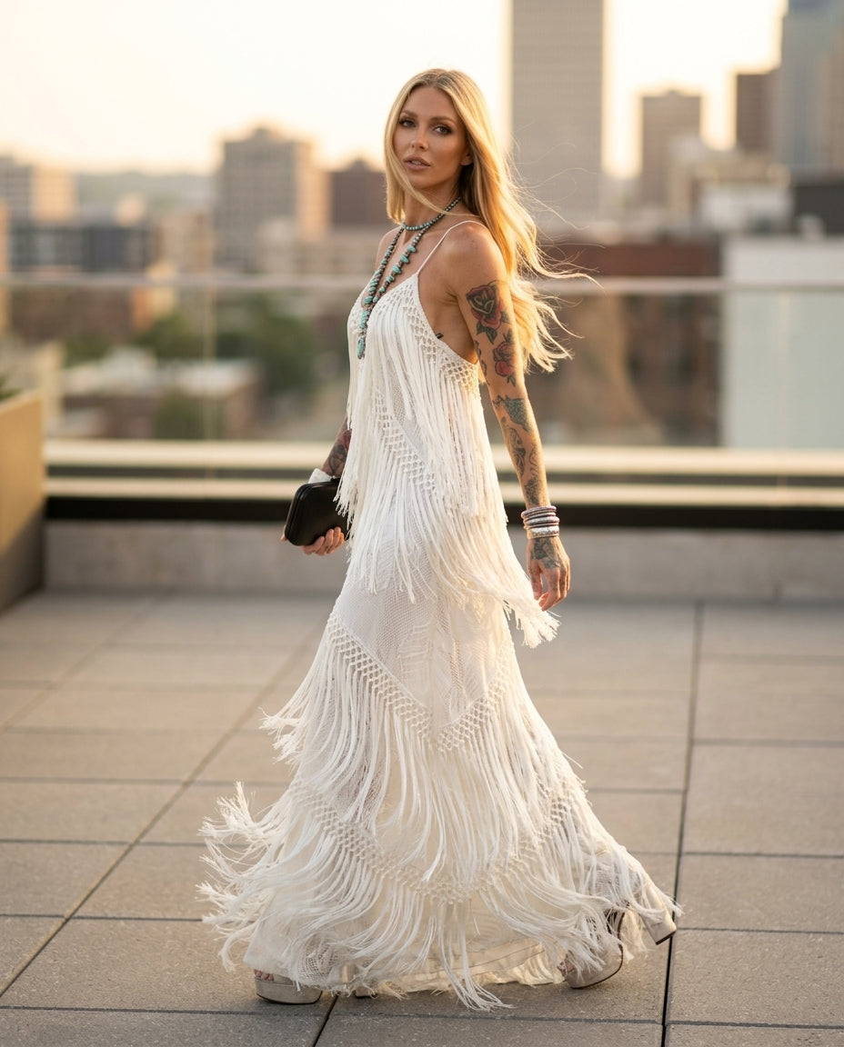 Ivory Reverie Resort Crochet Maxi Dress Ivory Maxi Dress with Asymmetric silhouette and Ribbed Knit texture, outdoor styling image for Resort Wear, Sunset in Malibu, US Coastal Glam by Mesadic