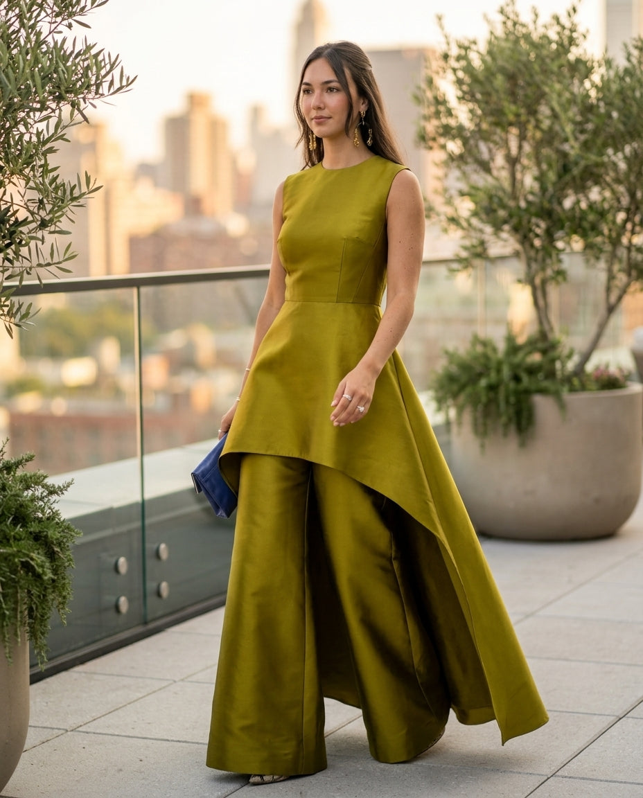 Olive Green Velvet Evening Pant Set Olive Green Pant Set with Wide-Leg silhouette and Textured texture, outdoor styling image for Date Night, a polished coastal brunch, US East / Hamptons Elite by Mesadic