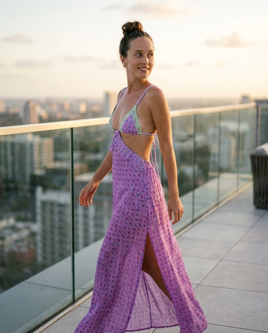 Lilac Gleam Resort Floral Maxi Dress Lilac Maxi Dress with Asymmetric silhouette and Textured texture, outdoor styling image for Resort Wear, Brunch in SoHo, US Coastal Glam by Mesadic