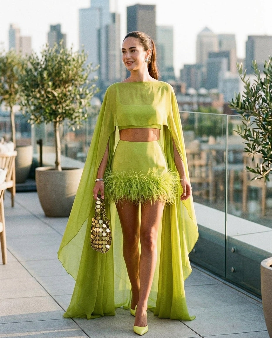 Sage Allure Summer Two-Piece Set Sage Two-Piece Set with Asymmetric silhouette and Textured texture, outdoor styling image for Summer Getaway, a private garden lunch, US East / Hamptons Elite by Mesadic