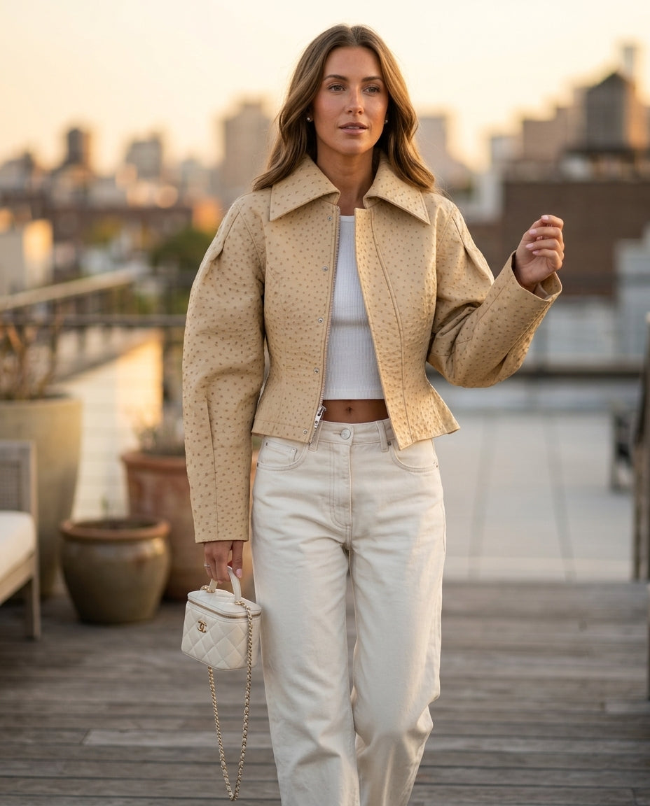 Sand Poise Summer Textured Jacket Sand Jacket with Cropped silhouette and Structured texture, outdoor styling image for Office Edit, Evening in Amalfi, Euro Chic Premium by Mesadic