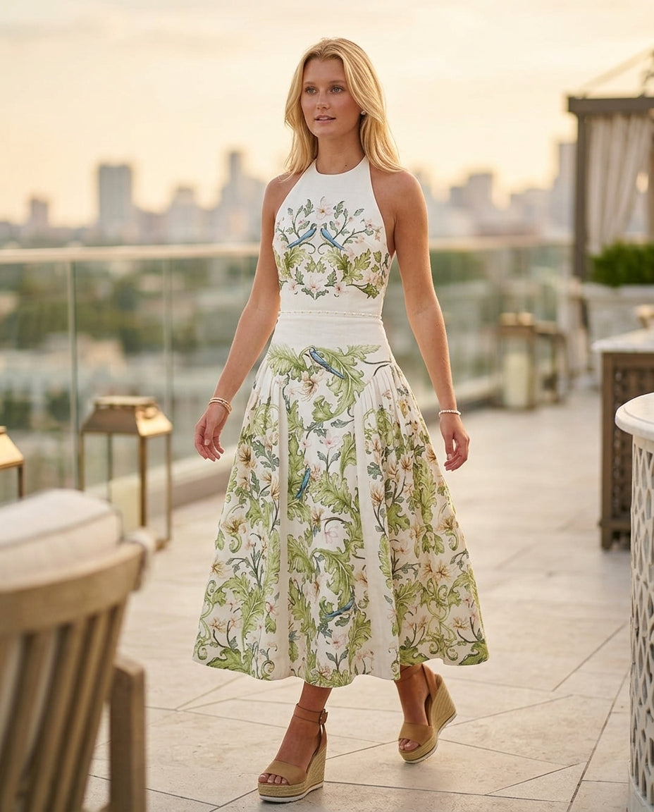 Ivory Lustre Evening Printed Maxi Dress Ivory Maxi Dress with Asymmetric silhouette and Linen Blend texture, outdoor styling image for Resort Wear, Evening in Amalfi, Euro Chic Premium by ads.floravincie