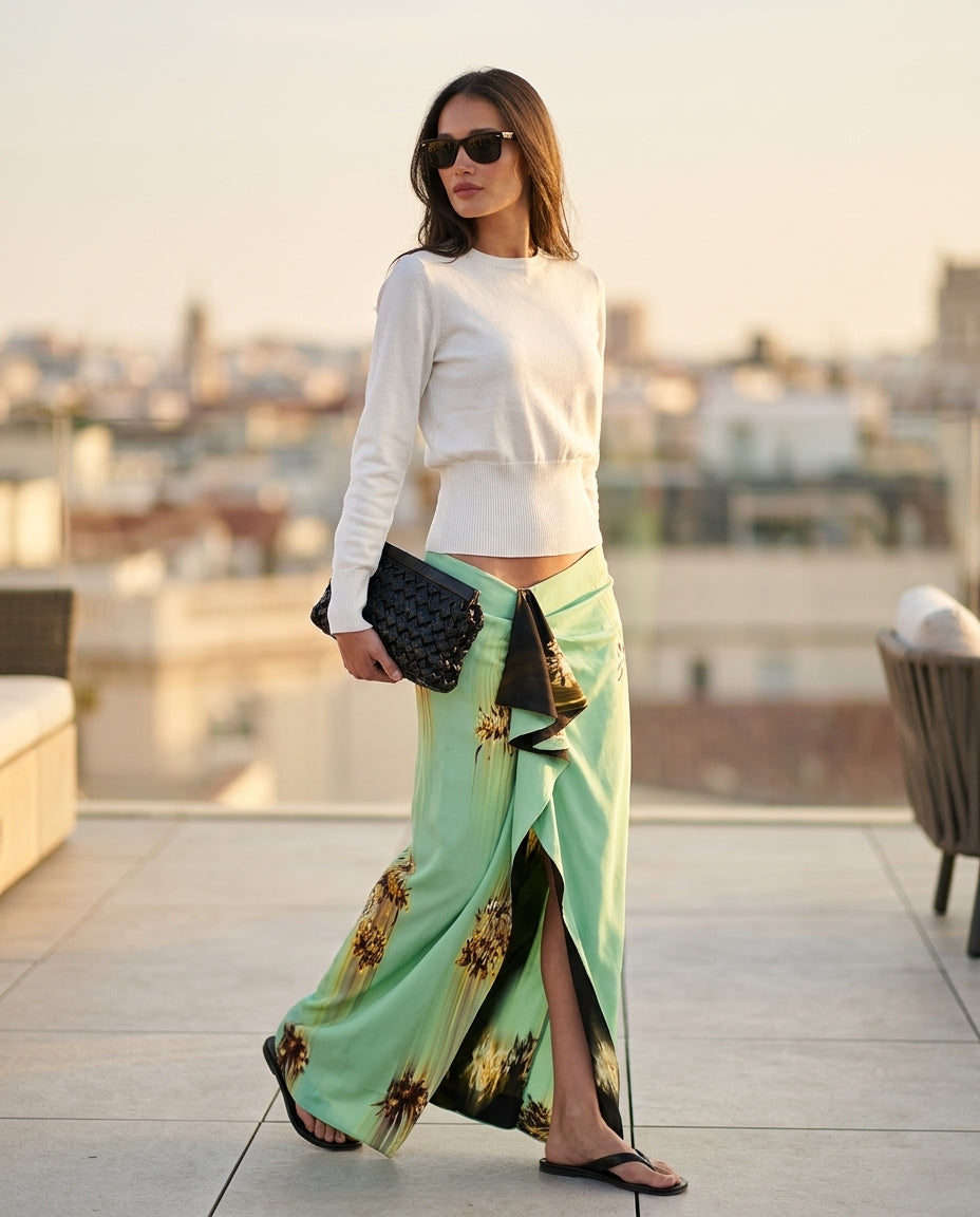 Ivory Lustre Summer Floral Skirt Set Ivory Skirt Set with Asymmetric silhouette and Ribbed Knit texture, outdoor styling image for Vacation Set, a rooftop dinner in LA, US Coastal Glam by ads.floravincie