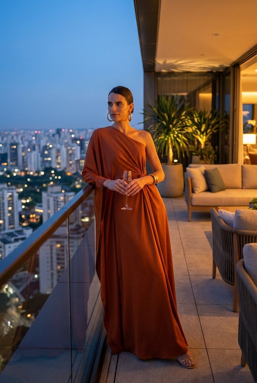 Terracotta-colored one-shoulder pleated maxi dress