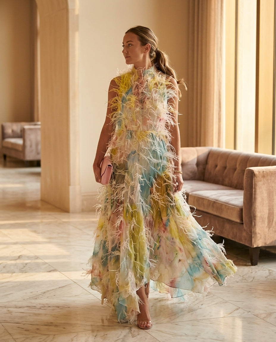 Multicolor Muse Abstract Print Maxi Dress Multicolor Maxi Dress with Asymmetric silhouette and Textured texture, editorial ecommerce scene for Vacation Evening, Sunset in Malibu, US Coastal Glam by Mesadic