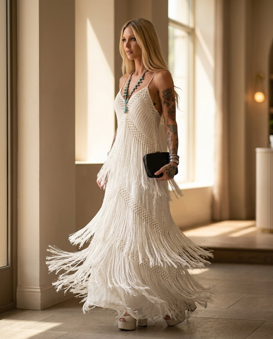 Ivory Reverie Resort Crochet Maxi Dress Ivory Maxi Dress with Asymmetric silhouette and Ribbed Knit texture, editorial ecommerce scene for Resort Wear, Sunset in Malibu, US Coastal Glam by Mesadic