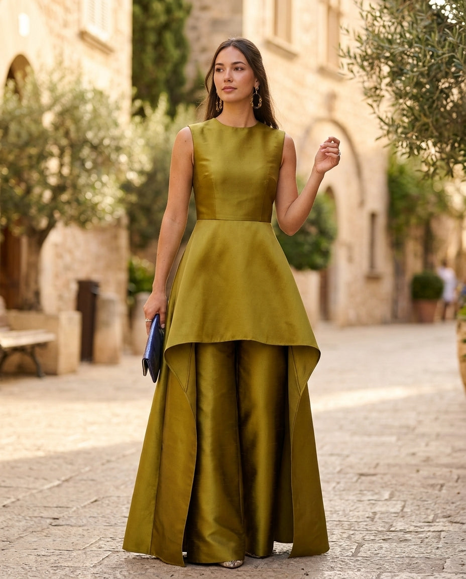 Olive Green Velvet Evening Pant Set Olive Green Pant Set with Wide-Leg silhouette and Textured texture, editorial ecommerce scene for Date Night, a polished coastal brunch, US East / Hamptons Elite by Mesadic