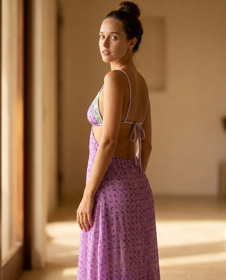 Lilac Gleam Resort Floral Maxi Dress Lilac Maxi Dress with Asymmetric silhouette and Textured texture, editorial ecommerce scene for Resort Wear, Brunch in SoHo, US Coastal Glam by Mesadic