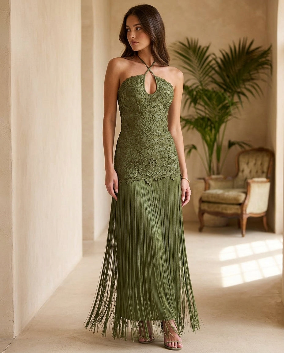 Olive Green Grace Evening Lace Romper Olive Green Romper with Relaxed Fit silhouette and Textured texture, editorial ecommerce scene for Resort Wear, a London dinner reservation, Euro Chic Premium by ads.floravincie