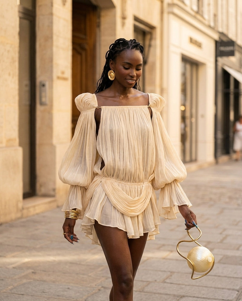 Ivory Whisper Summer Pleated Maxi Dress Ivory Maxi Dress with Relaxed Fit silhouette and Textured texture, fabric and construction detail for Vacation Evening, a gallery opening in Paris, Euro Chic Premium by Mesadic