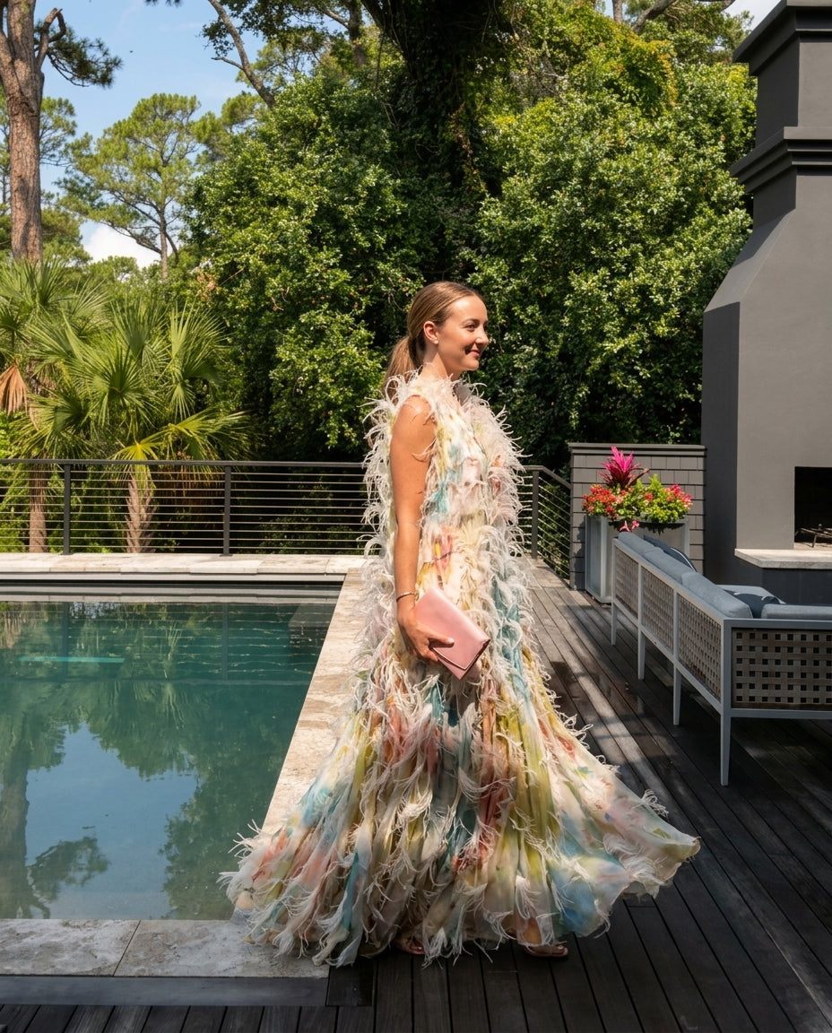 Multicolor Muse Abstract Print Maxi Dress Multicolor Maxi Dress with Asymmetric silhouette and Textured texture, fabric and construction detail for Vacation Evening, Sunset in Malibu, US Coastal Glam by Mesadic