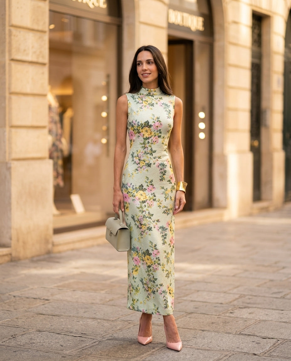 Light Green Grace Evening Floral Maxi Dress Light Green Maxi Dress with Relaxed Fit silhouette and Textured texture, fabric and construction detail for Date Night, a rooftop dinner in LA, US Coastal Glam by Mesadic