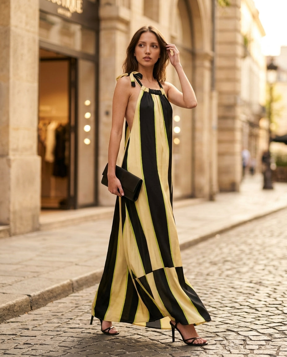Black Grace Resort Striped Romper Black Romper with Relaxed Fit silhouette and Satin texture, fabric and construction detail for Resort Wear, an estate dinner at golden hour, US East / Hamptons Elite by Mesadic
