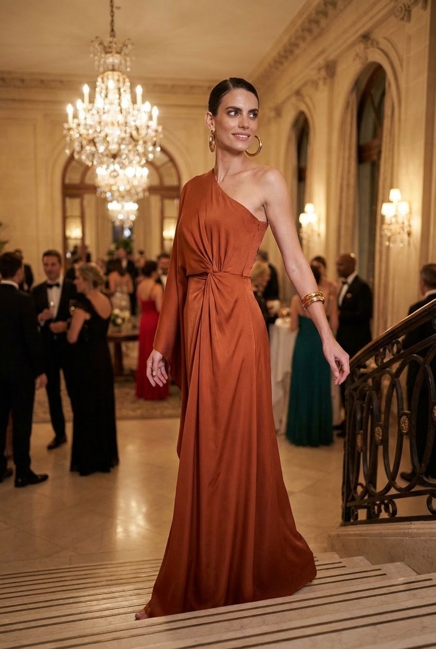 Terracotta-colored one-shoulder pleated maxi dress