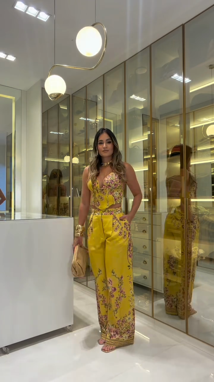 Gold floral print top and wide-leg pants set