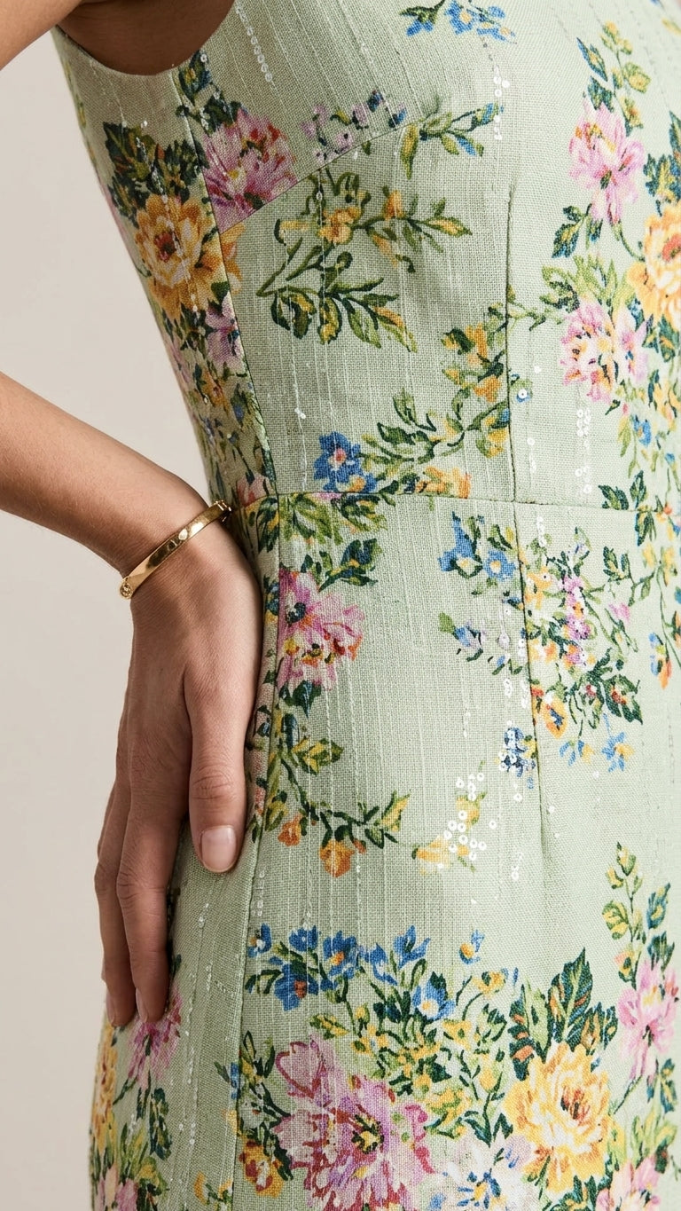 Light Green Grace Evening Floral Maxi Dress Light Green Maxi Dress with Relaxed Fit silhouette and Textured texture, additional styling view for Date Night, a rooftop dinner in LA, US Coastal Glam by Mesadic
