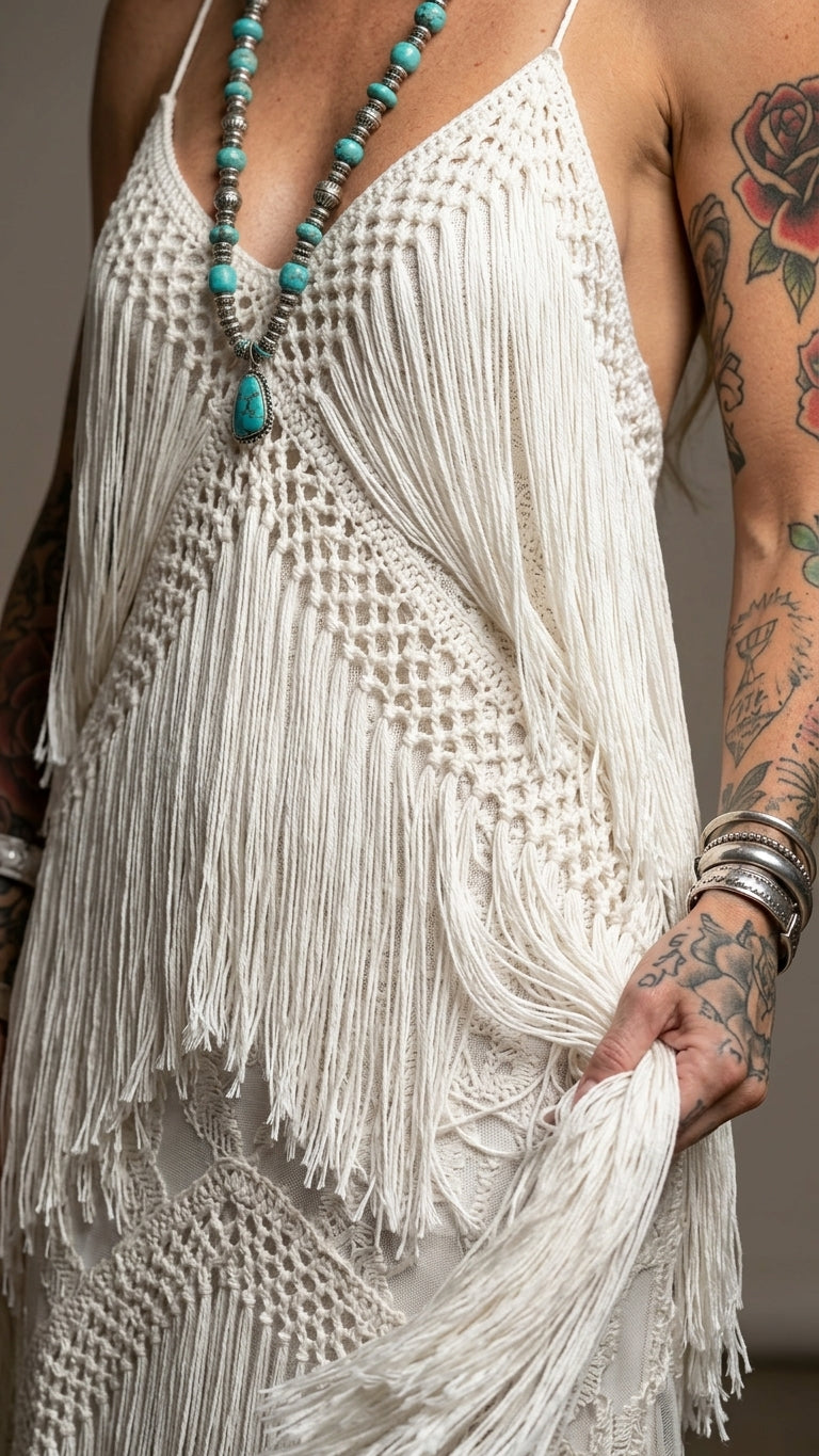 Ivory Reverie Resort Crochet Maxi Dress Ivory Maxi Dress with Asymmetric silhouette and Ribbed Knit texture, additional styling view for Resort Wear, Sunset in Malibu, US Coastal Glam by Mesadic
