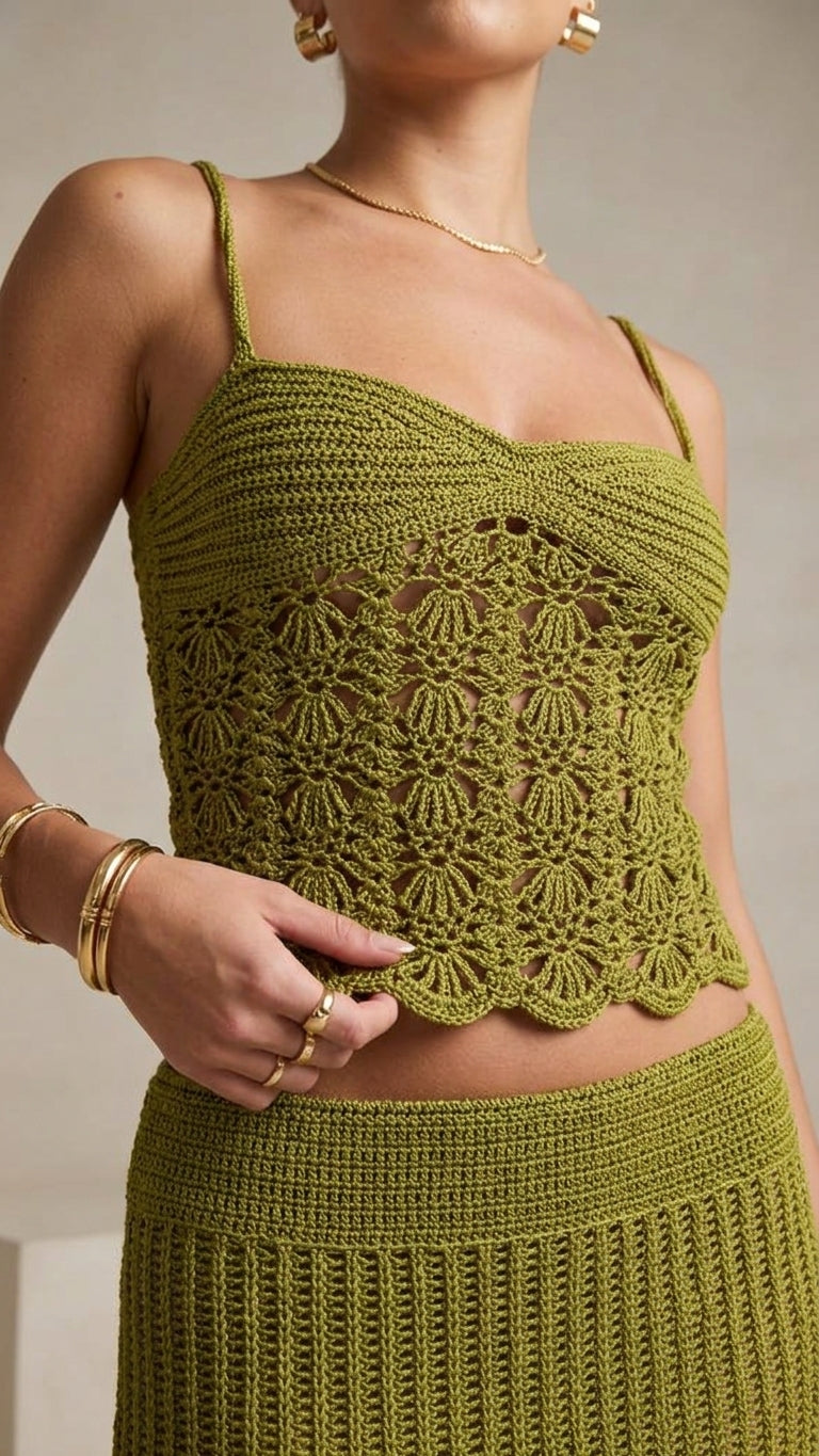 Olive Green Allure Resort Crochet Romper Olive Green Romper with Cropped silhouette and Ribbed Knit texture, additional styling view for Resort Wear, Brunch in SoHo, US Coastal Glam by Mesadic